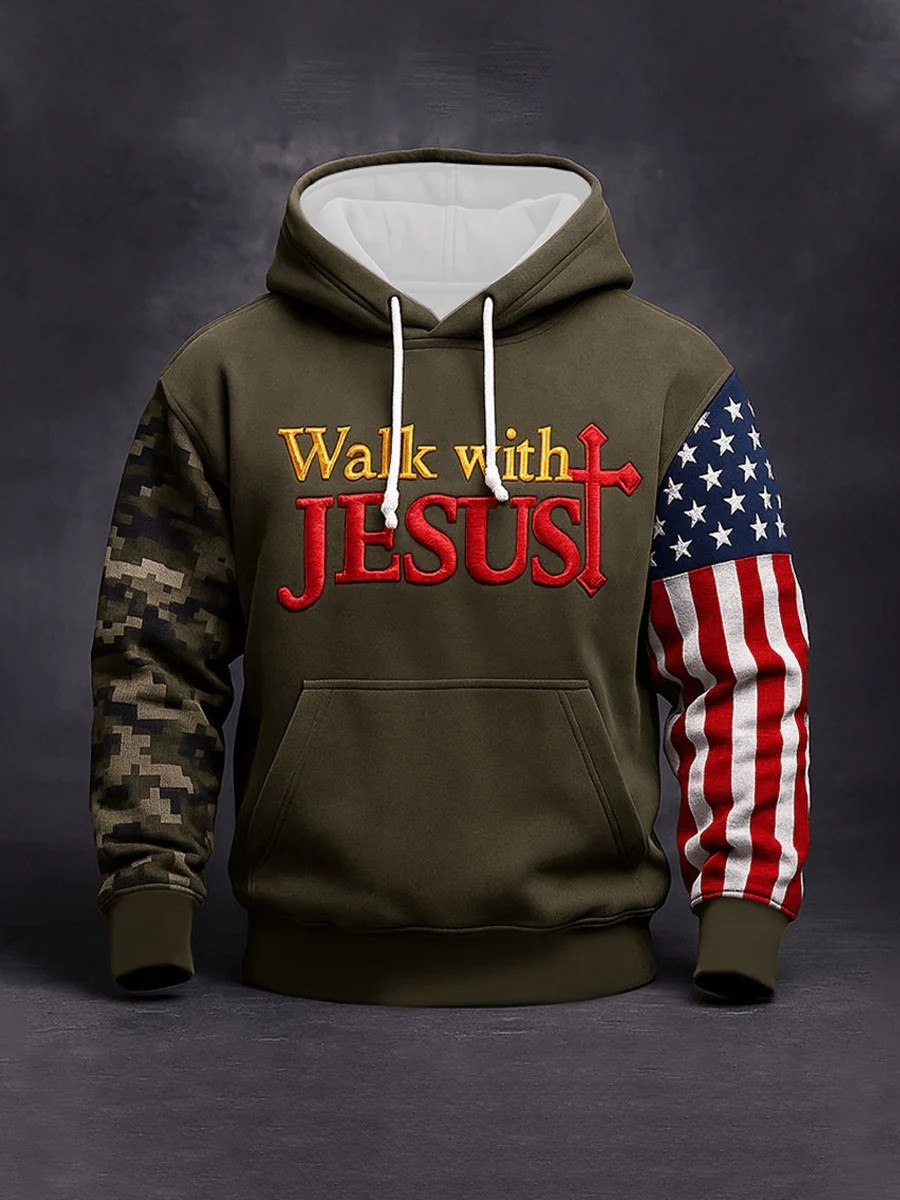 Walk With Jesus Camo Hoodie Men Christian Patriot Apparel Graphic Hoodies Gift For Believers
