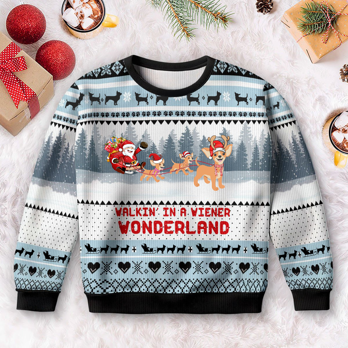 Walkin In A Wiener Wonderland Chihuahua Ugly Christmas Sweater Funny Gifts For Chihuahua Lovers