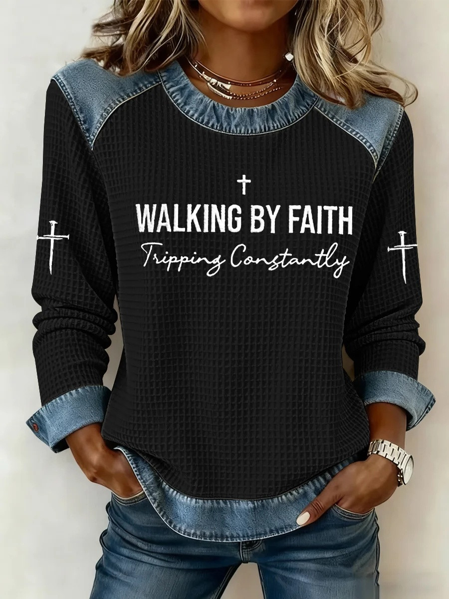 Walking By Faith Tripping Constantly Cross Sweatshirt Women Christian Gift For Her
