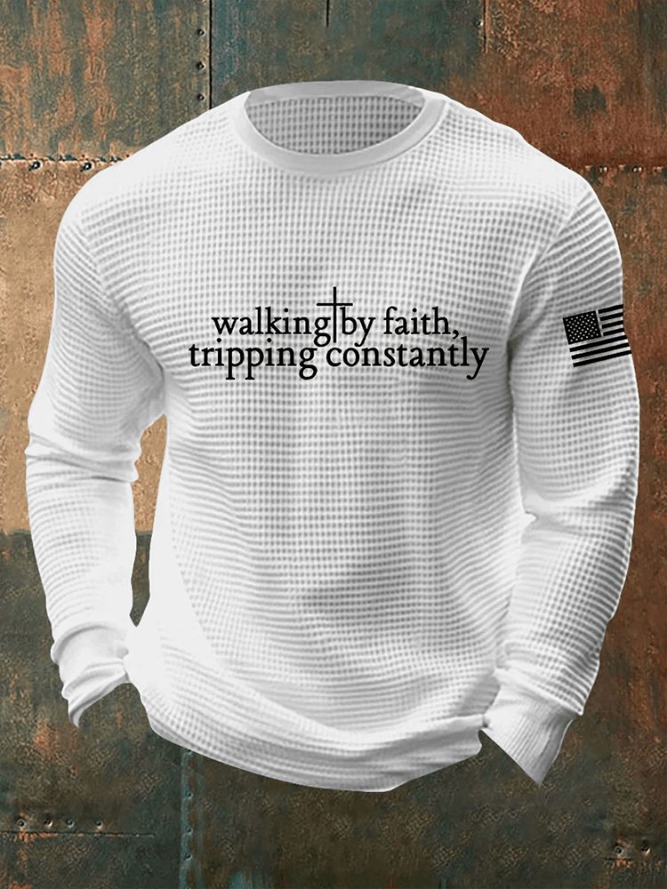 Walking By Faith Tripping Constantly Cross Waffle Long Sleeve Shirt Clothes Gift For Dad