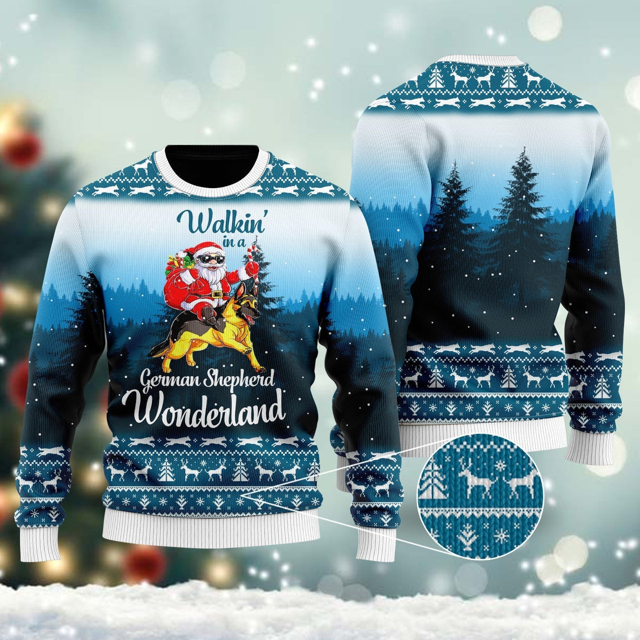 Walking In A German Shepherd Wonderland Ugly Christmas Sweater Santa Riding Dog Xmas Gift