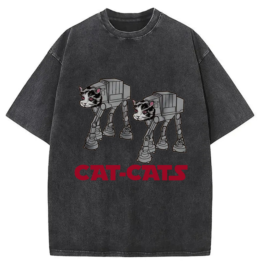 Walking Robot Cat Washed T-Shirt Unisex Streetwear Graphic Style Gifts For Brother
