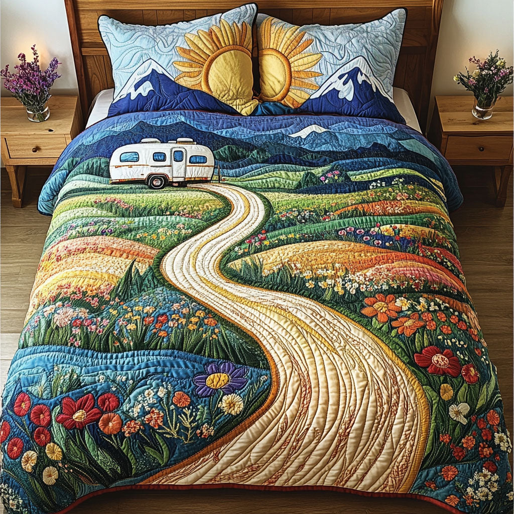 Wandering Wheels Quilted Bedding Set Cozy Bedroom Decor Awesome Gifts For Camping Lovers