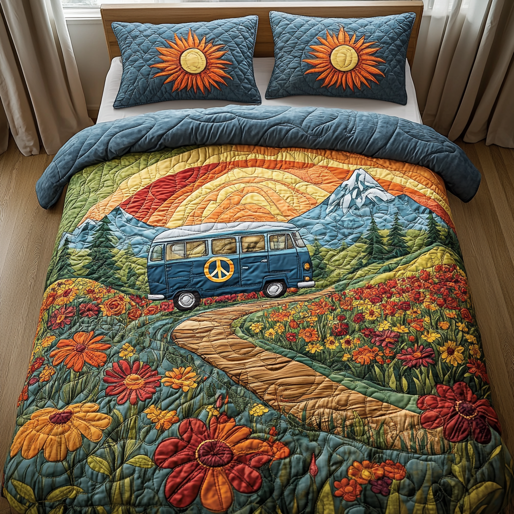 Wanderlust Wheels Quilted Bedding Set Bedroom Decor Ideas Gifts For Hippie Friends