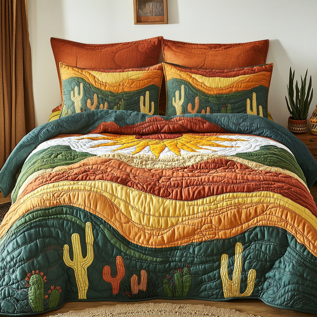 Warm Cactus Quilted Bedding Set Cozy Bedding Merch Gift That Brings Sweet Dreams
