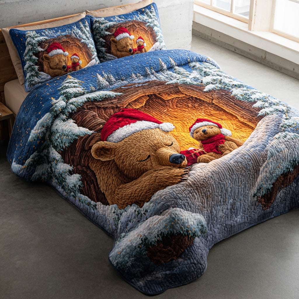 Warm Hug Bear Quilted Bedding Set Holiday Duvet Covers Family Christmas Present Ideas