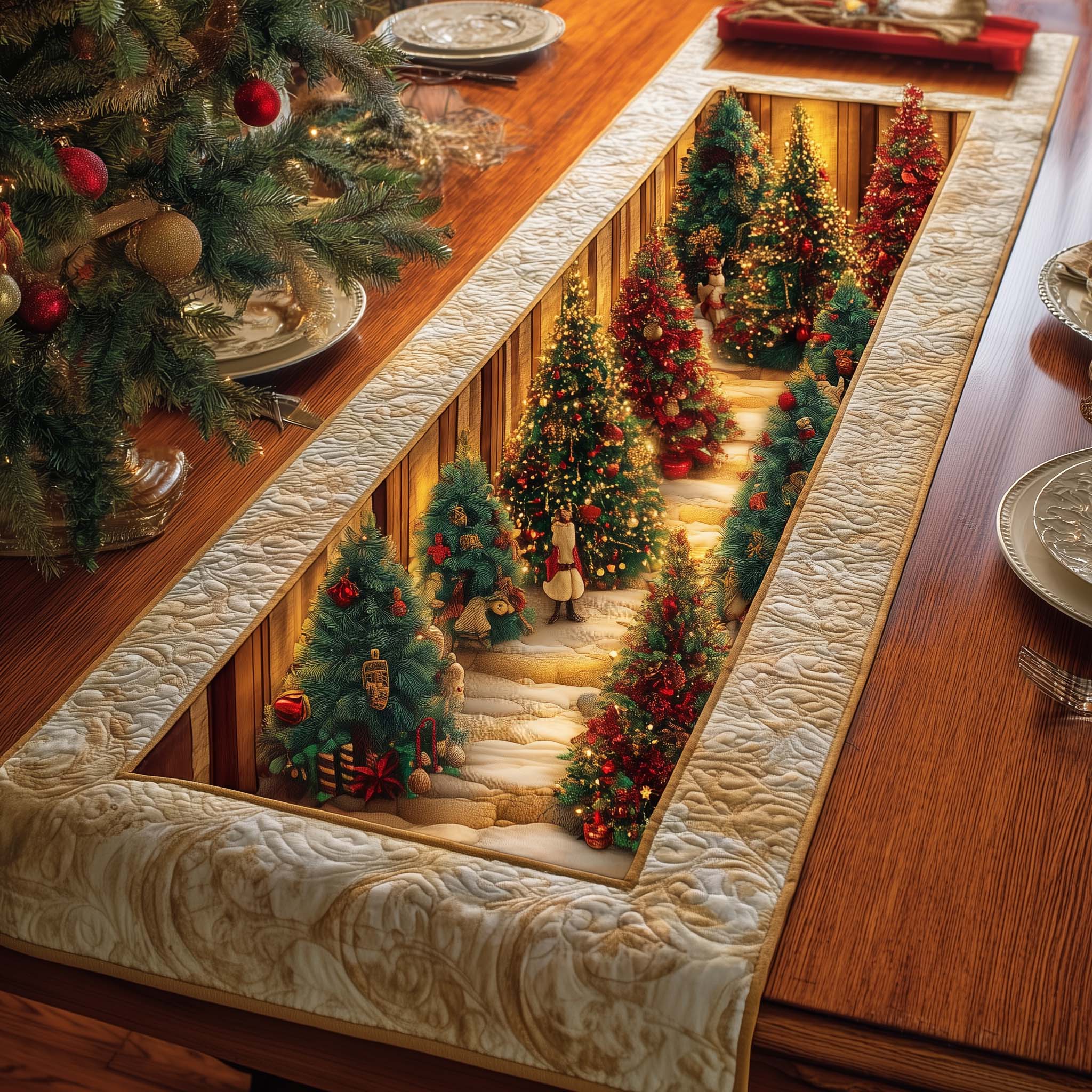 Warm Pines Quilted Table Runner Farmhouse Dining Room Decor Gift For Home
