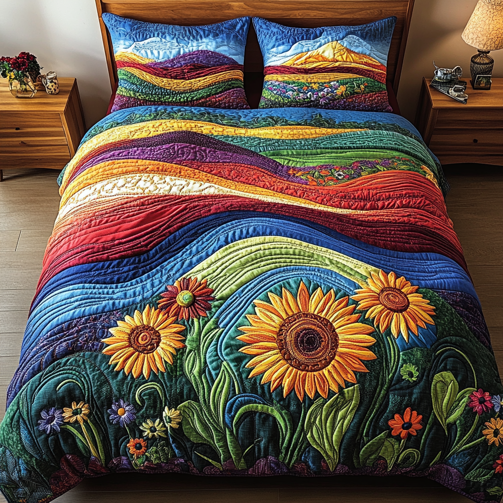 Warm Serenity Quilted Bedding Set Aesthetic Room Decor Sunflower Items For Gifts