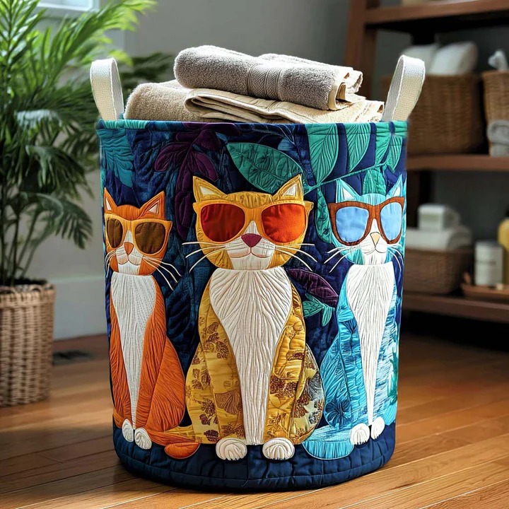 Warm Stripe Cat Quilted Laundry Basket Cozy Boho Cat Plaid Home Storage Best Gift For Cat Lovers