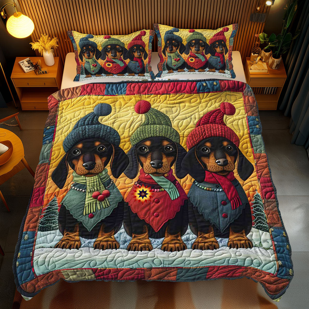 Warmy Dachshund Winter Holiday Xmas Quilted Bedding Set Best Christmas Gifts For Couples