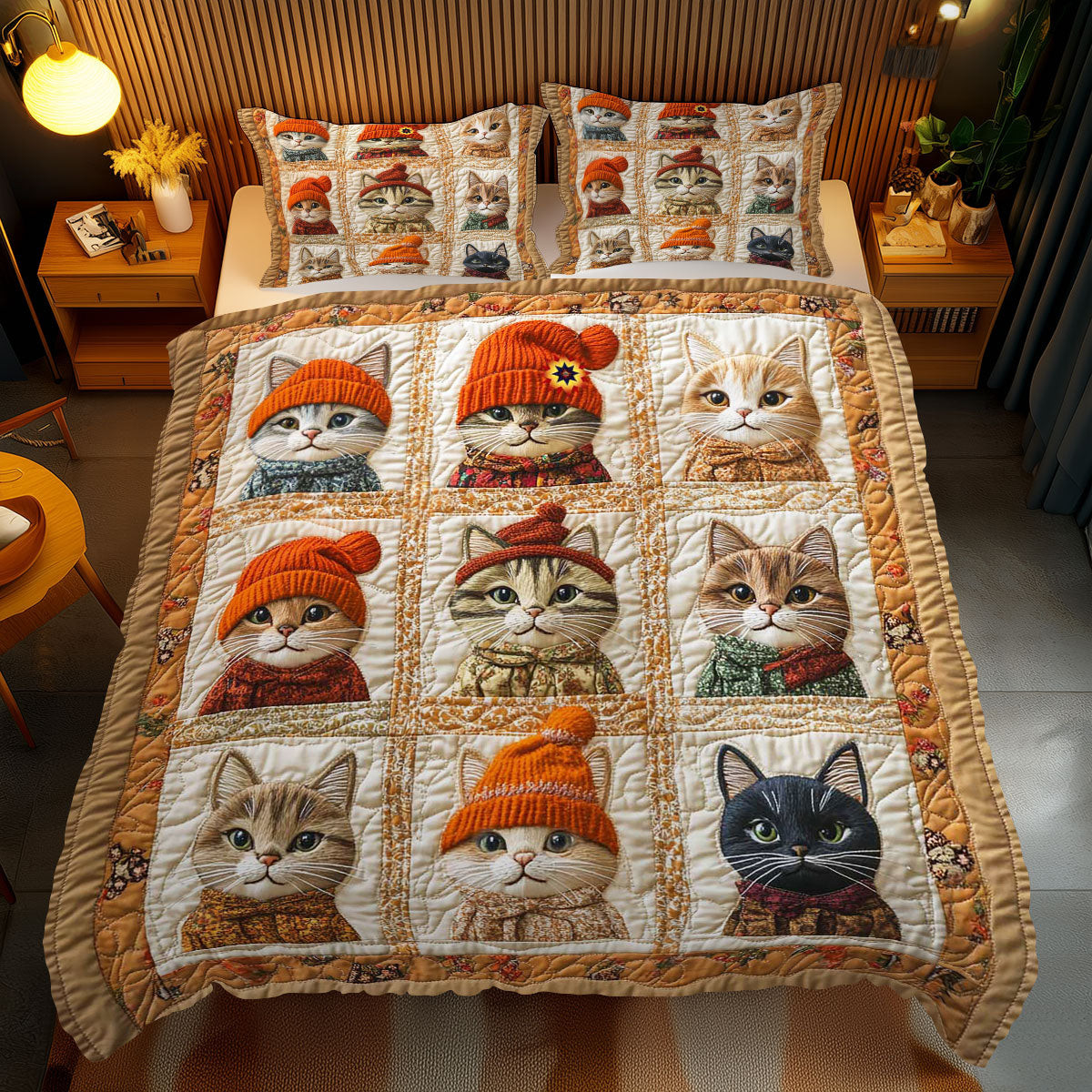 Warmy Winter Cat Holiday Xmas Quilted Bedding Set Best Christmas Gifts For Couples