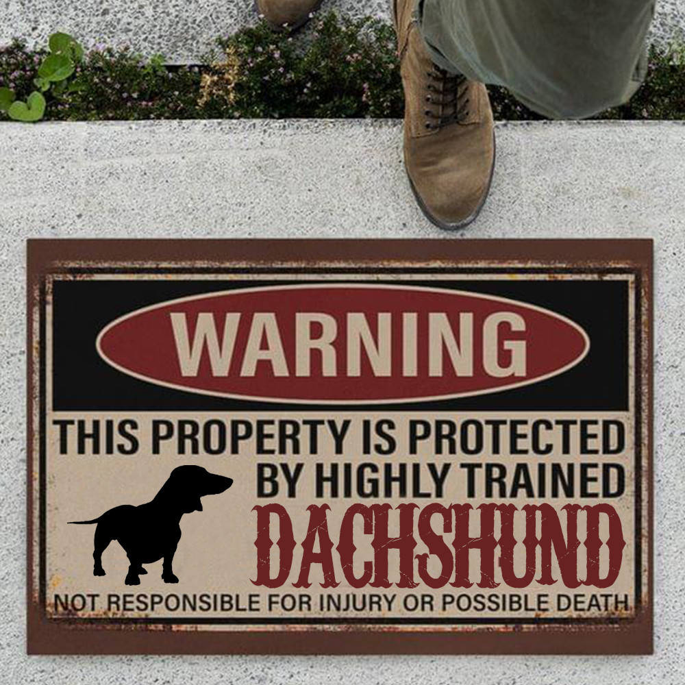 Warning Protected By Highly Trained Dachshund Doormat Humor Fun Front Door Welcome Mats