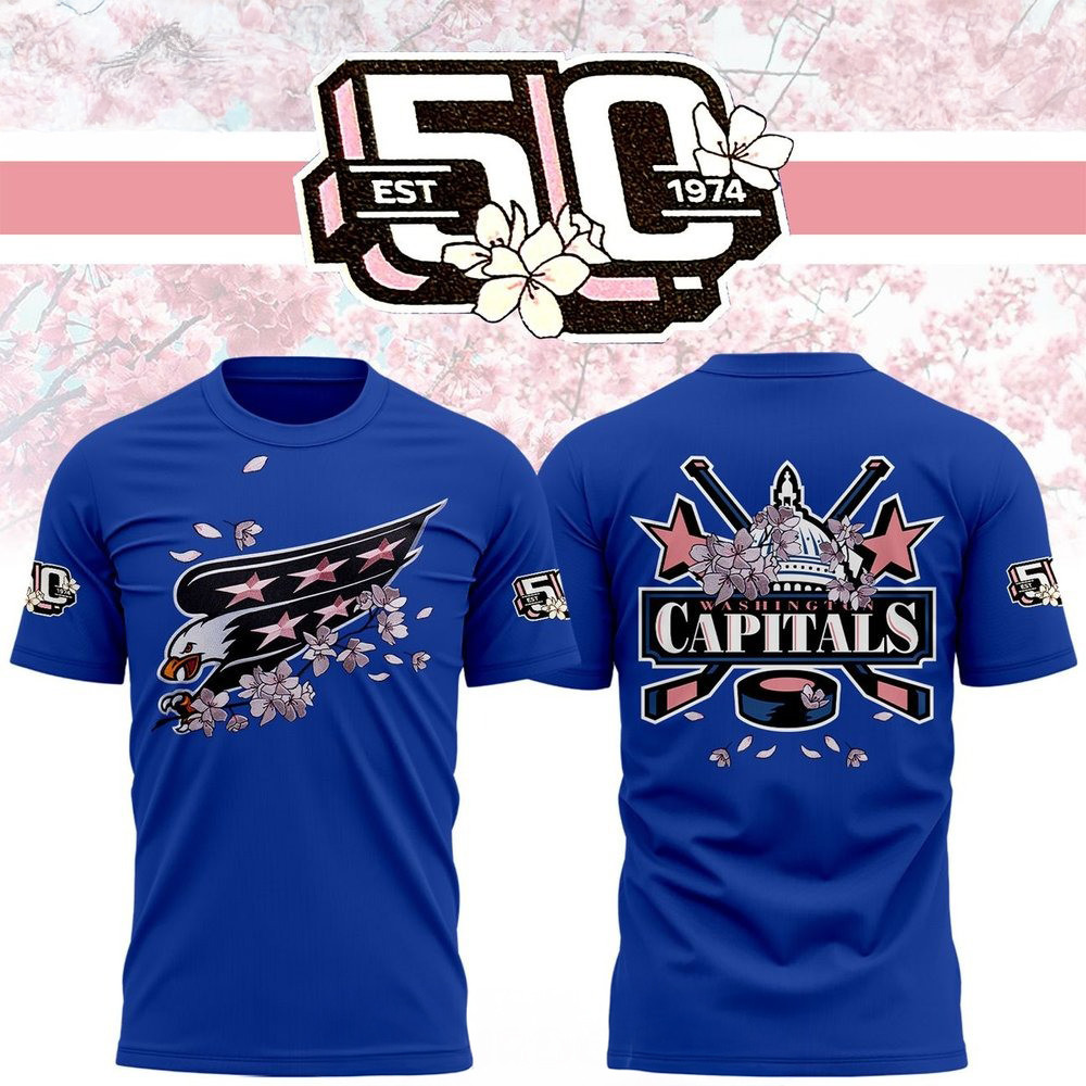 Washington Capitals 50th Anniversary Cherry Blossom Blue T-Shirt Ice Hockey Fan Gifts