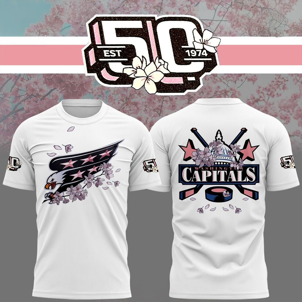 Washington Capitals 50th Anniversary Cherry Blossom White T-Shirt Ice Hockey Fan Gifts