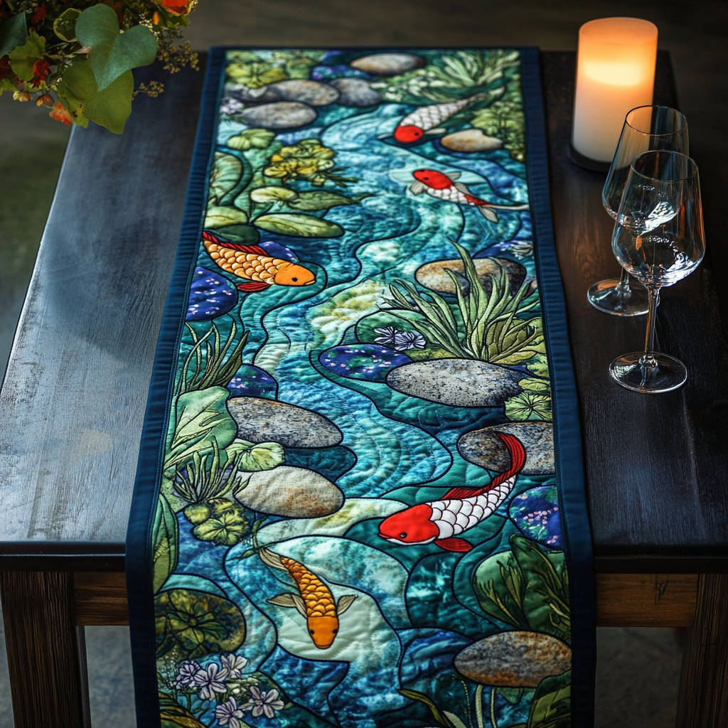 Water Harmony Quilted Table Runner Dining Table Decor Ideas Gift For Koi Fish Lovers