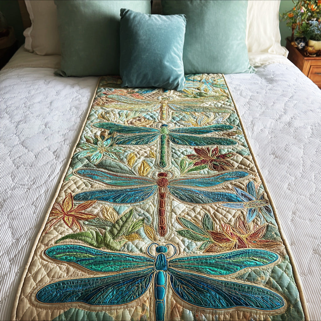 Water Lily Dragonfly Quilted Bed Runner Bedroom Decor Dragonfly Themed Gifts