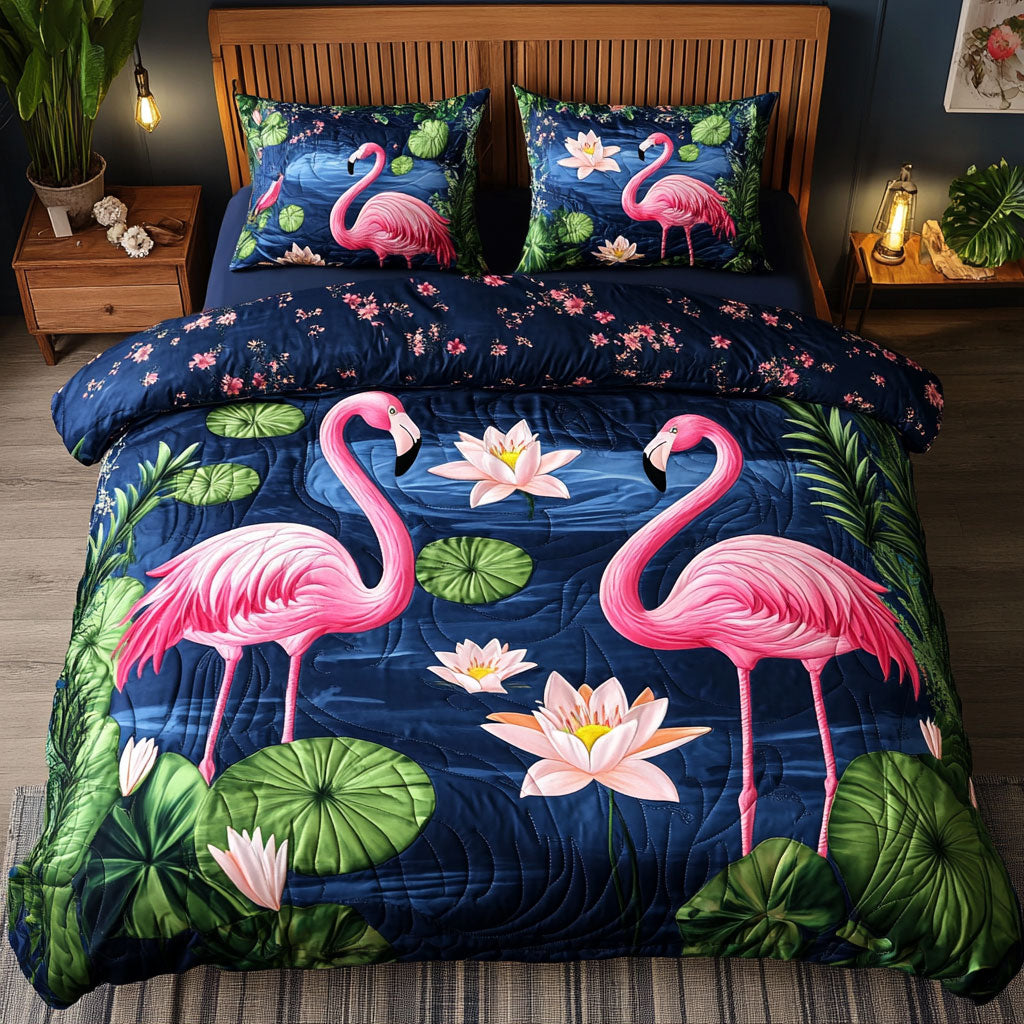 Water Lily Flamingo Quilted Bedding Set Duvet Cover Bedspread  Bedroom Decor Gifts For Ladies