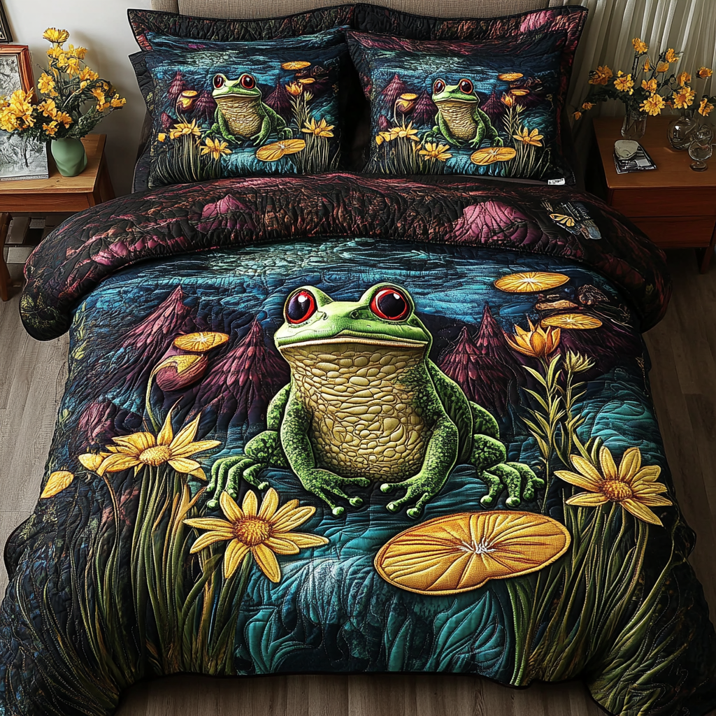 Water Whispers Quilted Bedding Set Cute Room Decor Cute Frog Gifts