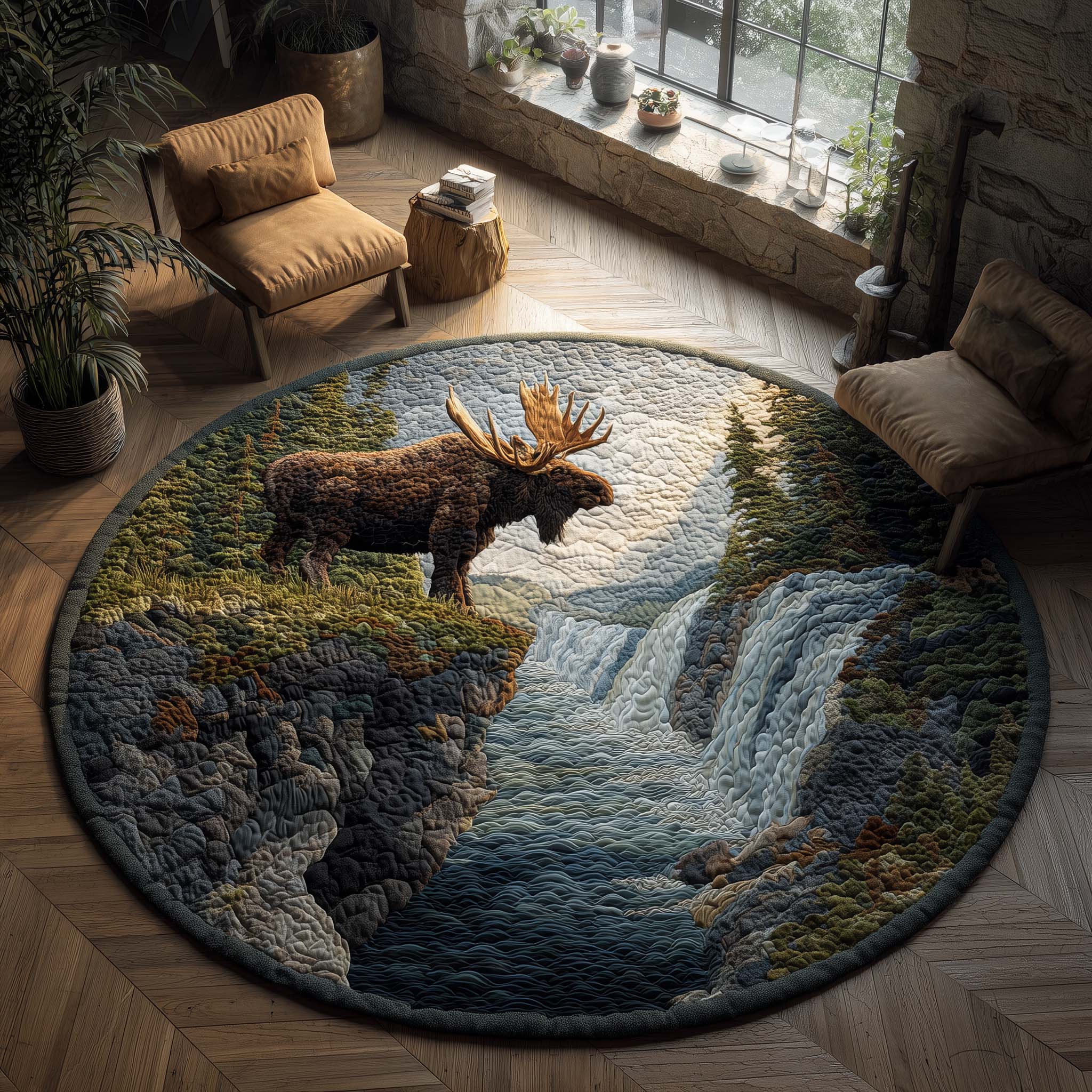 Waterfall Cliff Moose Quilted Round Mat Beautiful Quilted Round Mat Gift for Loved Ones