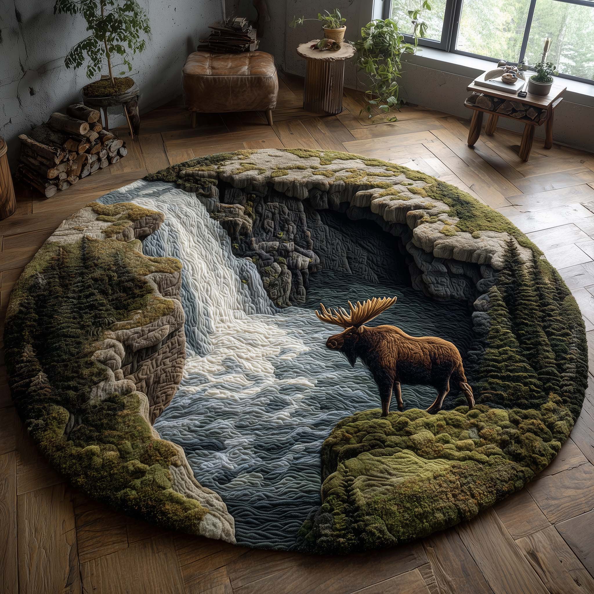 Waterfall Cliff Moose Quilted Round Mat Vibrant Quilted Round Mat to Brighten Your Room