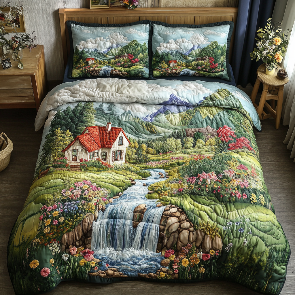 Waterfall Dream Quilted Bedding Set Beautiful Printed Bedding Set for Home Aesthetics
