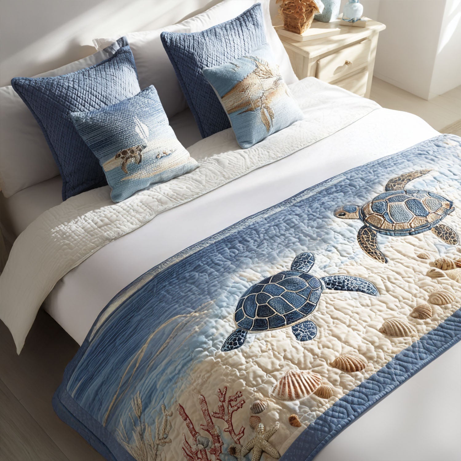 Waterway Wanderer Quilted Bed Runner Cute Bedroom Decor Sea Turtle Gifts For Her