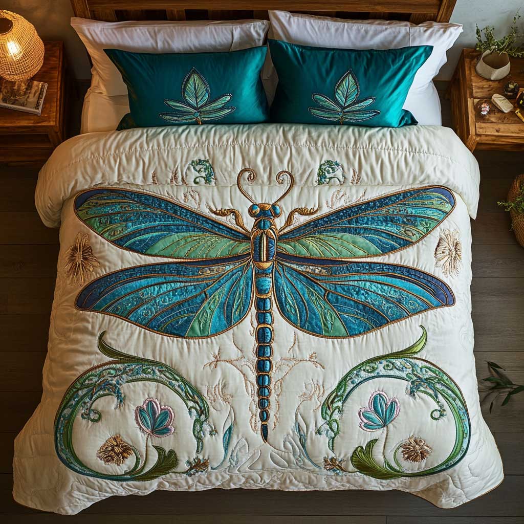 Watery Dragonfly Quilt Bedding Set Full Size Bed Set Nature Holiday Gift for Her