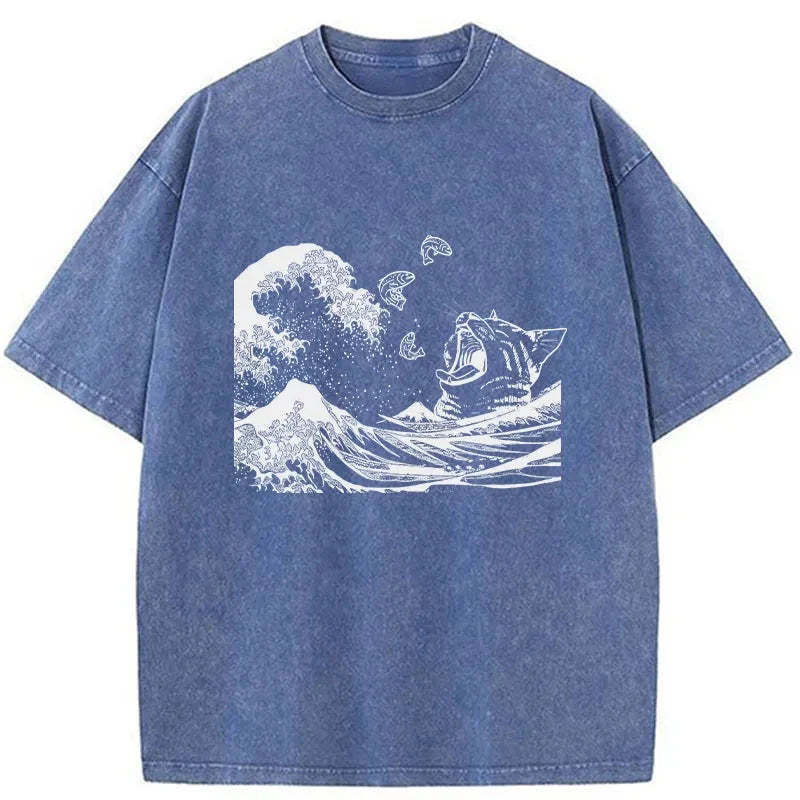 Wave And Cat Japanese Washed T-Shirt Retro Streetwear Graphic Top Gifts For BFF