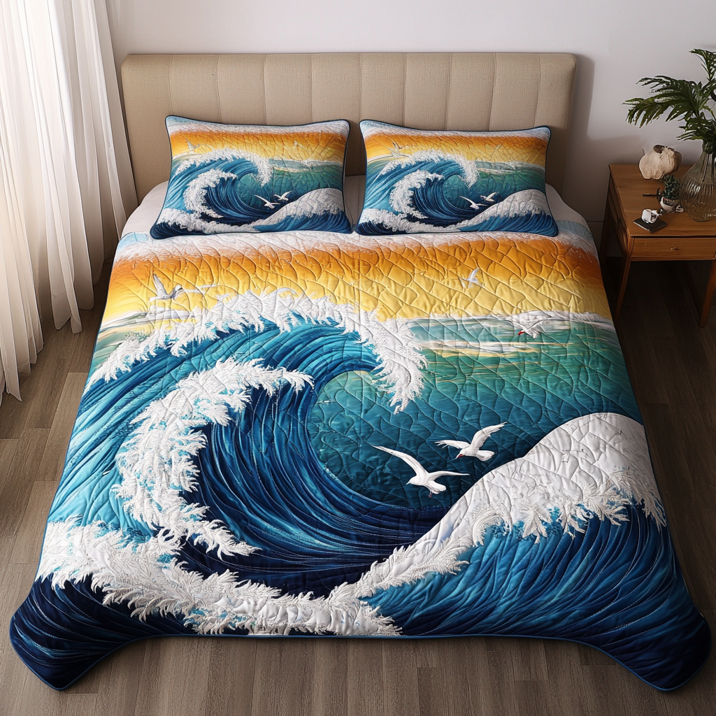 Wave Bliss Quilted Bedding Set Bed Decor Ideas Gifts For Surfer Guys