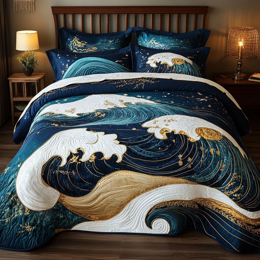 Wave Dreams Quilted Bedding Set Bed Decorations Best Presents For Surfers