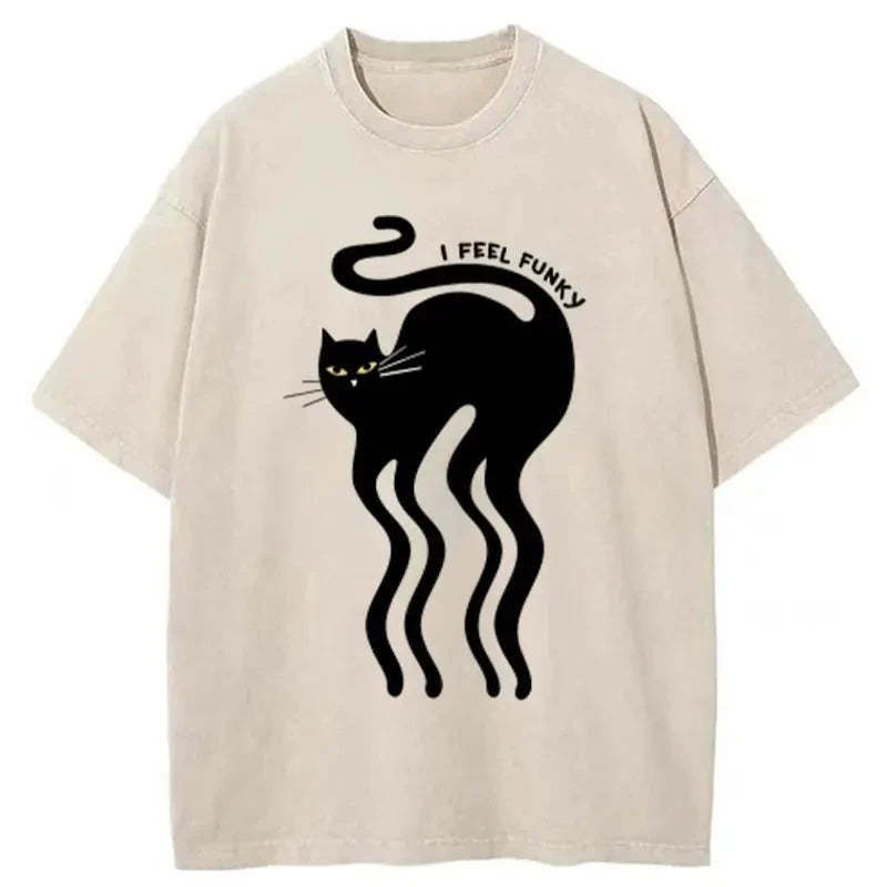 Wave Funny Cat Washed T-Shirt Minimal Retro Graphic Clothing Gifts For BFF