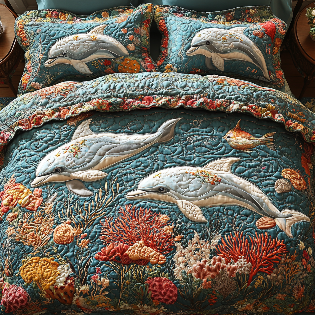 Wave Rider Quilted Bedding Set Cute Room Decor Best Gifts For Dolphin Lovers