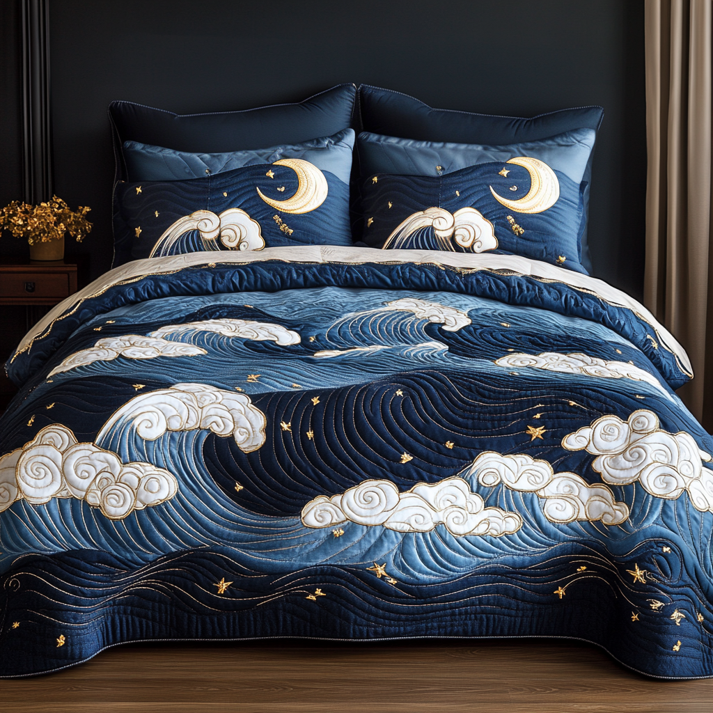 Wave Serenade Quilted Bedding Set Cozy Bedroom Decor Great Gifts For Surfers