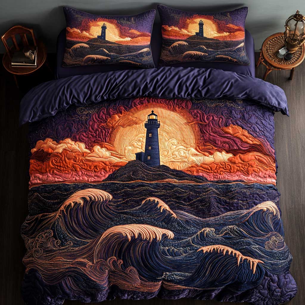 Waves And Lighthouse Quilt Bedding Set King Comforter Nautical Gift for Couples