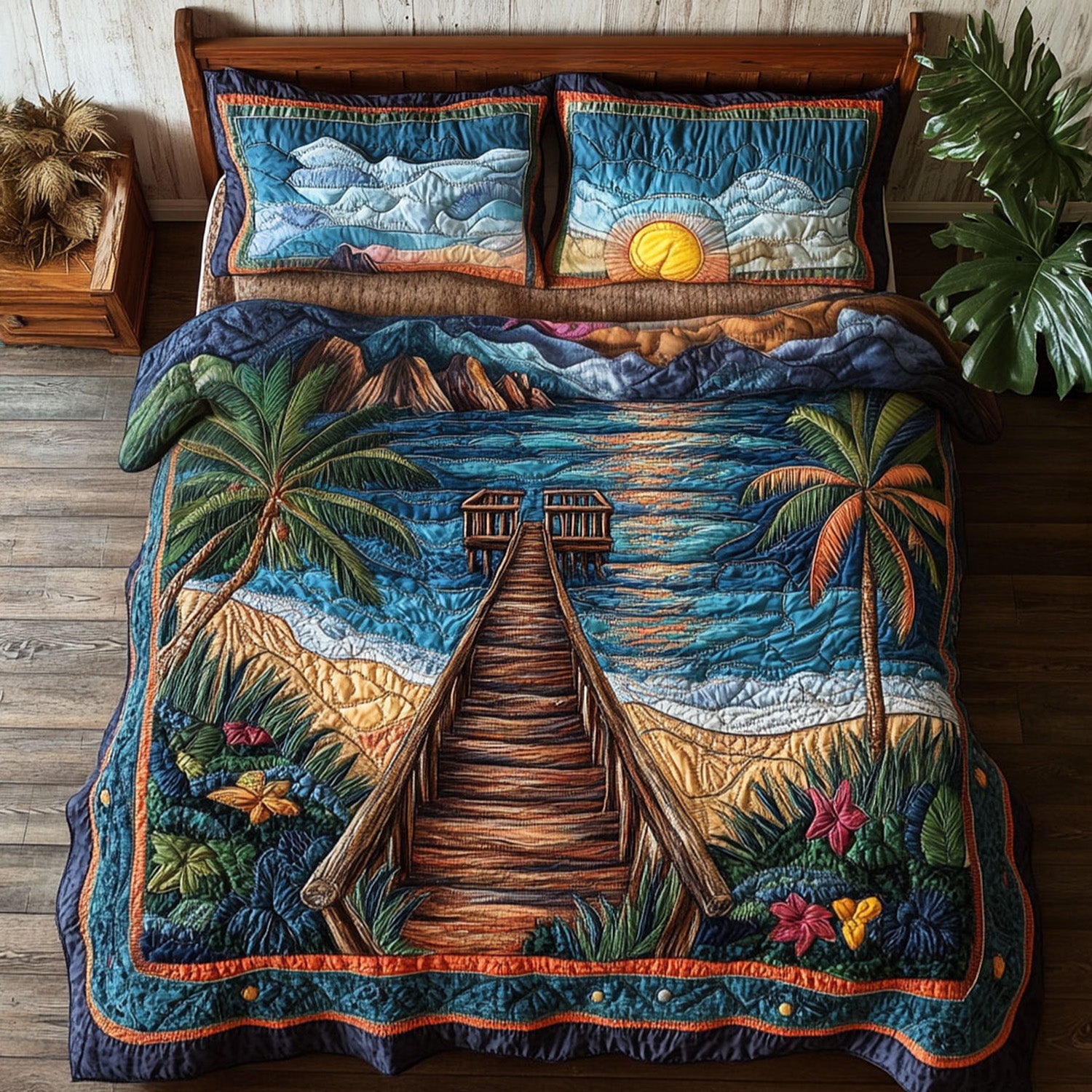 Waves at Dusk Quilted Bedding Set Holiday Duvet Cover Set Fishing Christmas Gifts