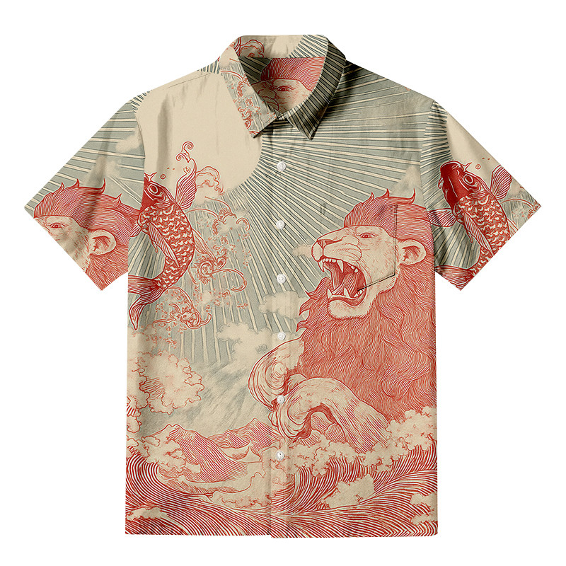 Waves Of Lion And Koi Buttonup Shirt Japanese Art Clothing Gifts For Lion Lovers