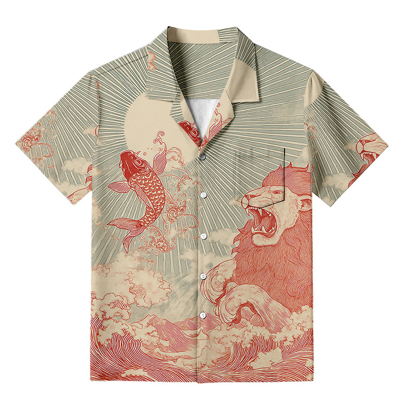 Waves Of Lion And Koi Hawaiian Shirt Japanese Art Clothing Gifts For Lion Lovers