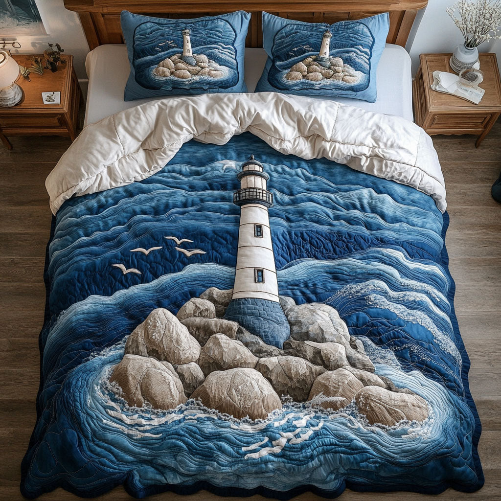 Waves of Tranquility Quilted Bedding Set Christmas Bedding Duvet Cover Gifts For Lighthouse Lovers