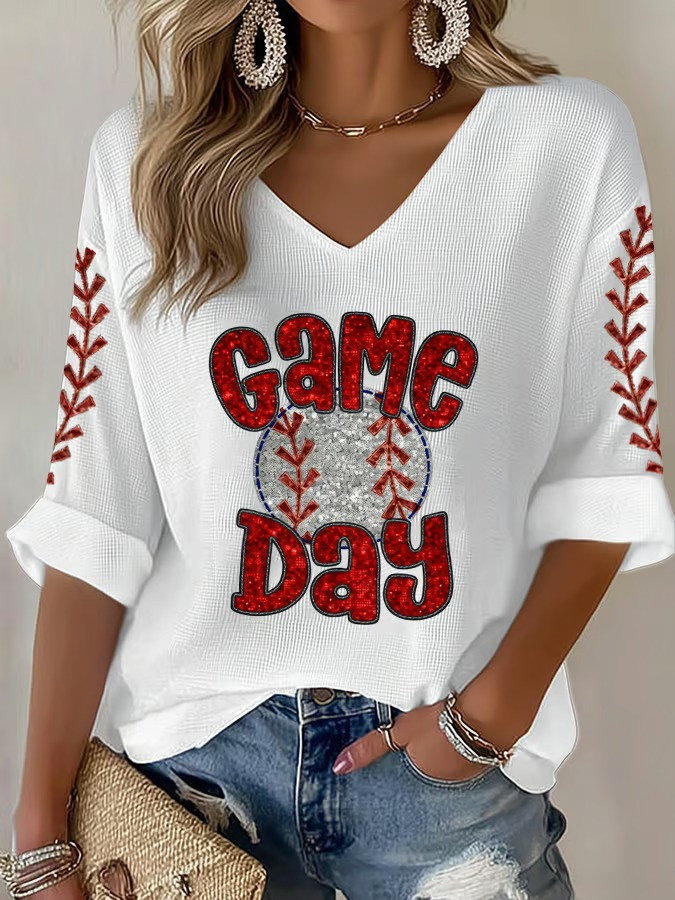 WBC 2026 Game Day Sequin Long Sleeve V-Neck Shirt Glitter Baseball Fan Gameday Gift For Baseball Fans