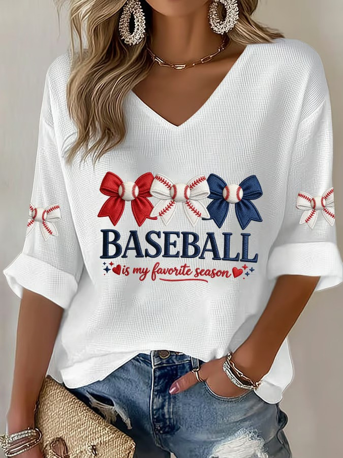 WBC Is My Favorite Season Bow Long Sleeve V-Neck Shirt Coquette Baseball Fan Gear Cute Game Day Shirt Gift For Her
