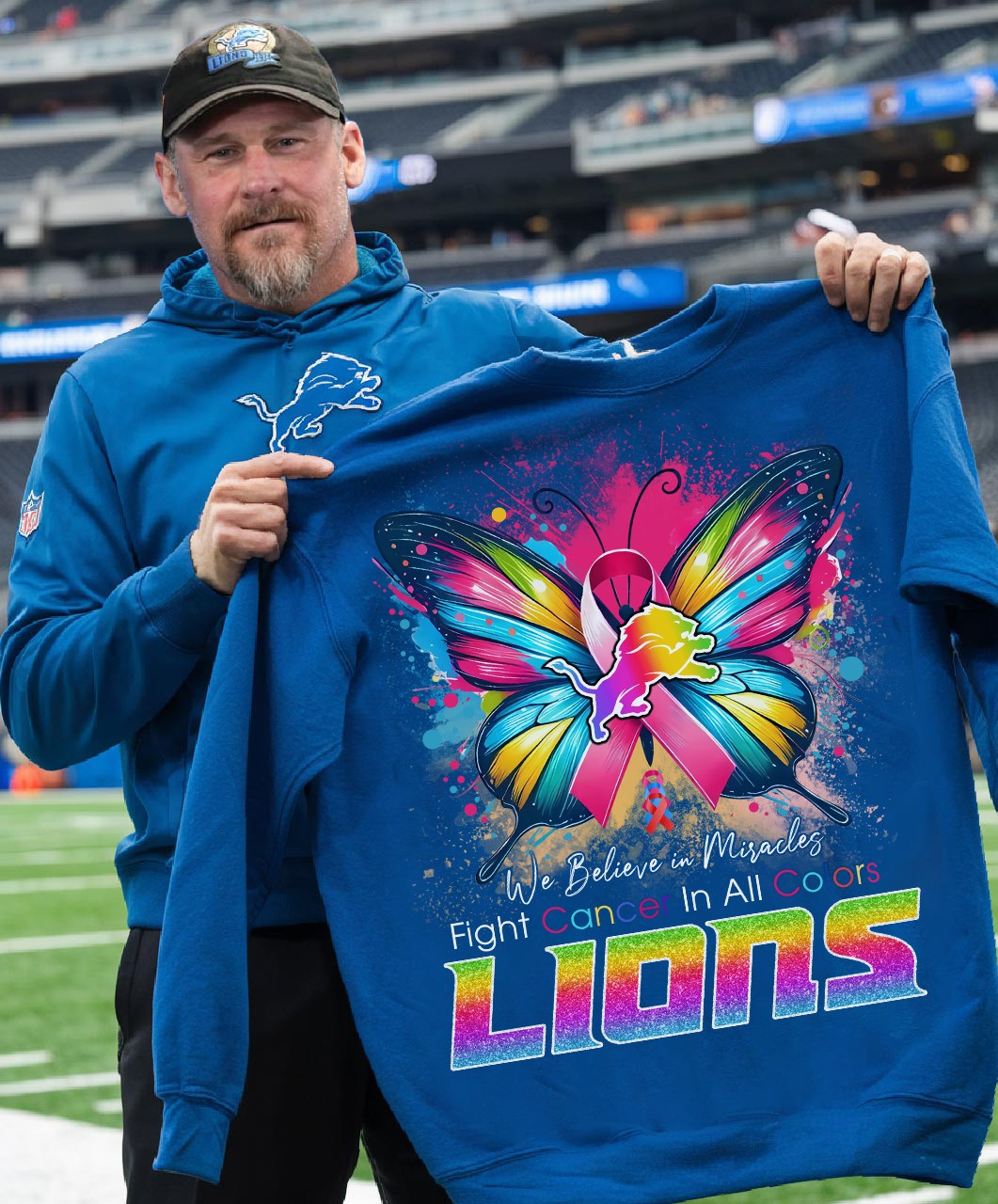 We Believe In Miracles Fight Cancer In All Colors Lions Sweatshirt Gifts For Football Fans