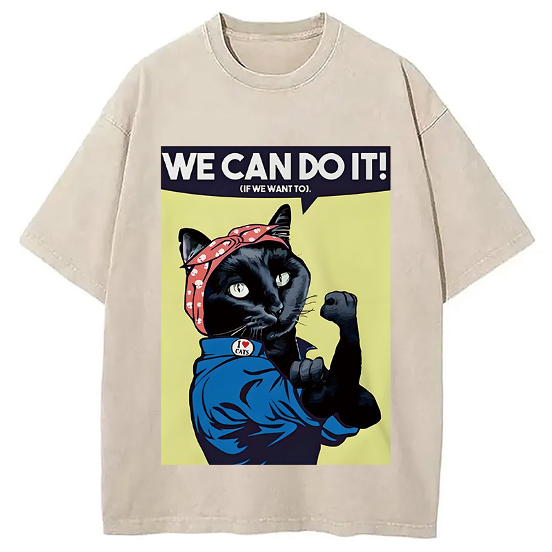 We Can Do It Moew Black Cat Washed T-Shirt Retro Streetwear Graphic Top Gifts For Sister