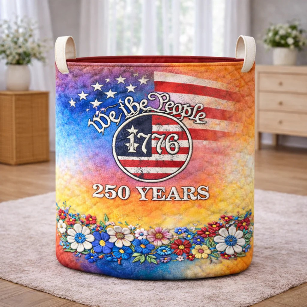 We The People 1776 250th Anniversary Quilted Laundry Basket Patriotic Floral Home Decor Gift Ideas