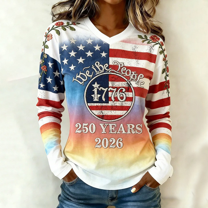 We The People 250 Years 2026 V-Neck Long Sleeve Shirt Best 4Th Of July Apparel Fourth Of July Gift