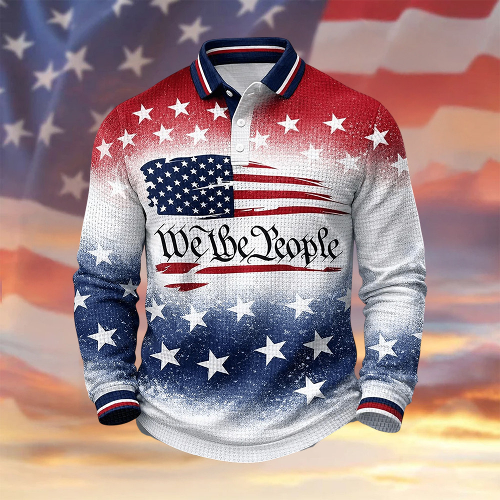 We The People American Flag Graphic Button Up Long Sleeve Shirt Fourth Of July Apparel