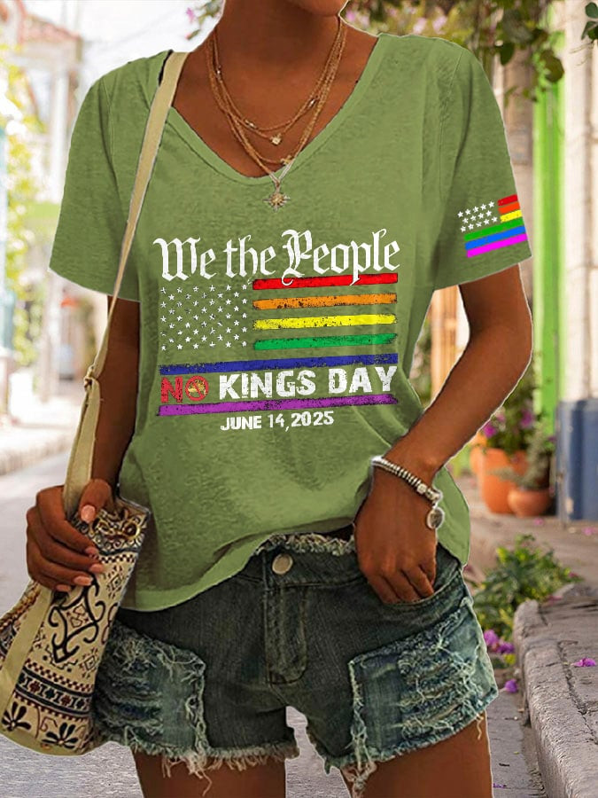 We The People No Kings Day June 14 2025 V-Neck T-Shirt Women's American Democracy FDT Shirt
