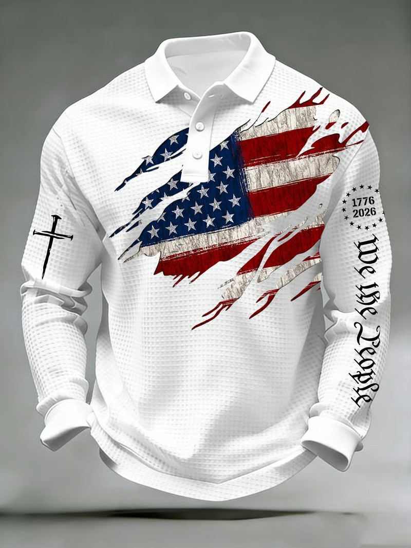 We The People Polo Long Sleeve Shirt American Flag Cross 1776 2026 Clothing Gift For Him