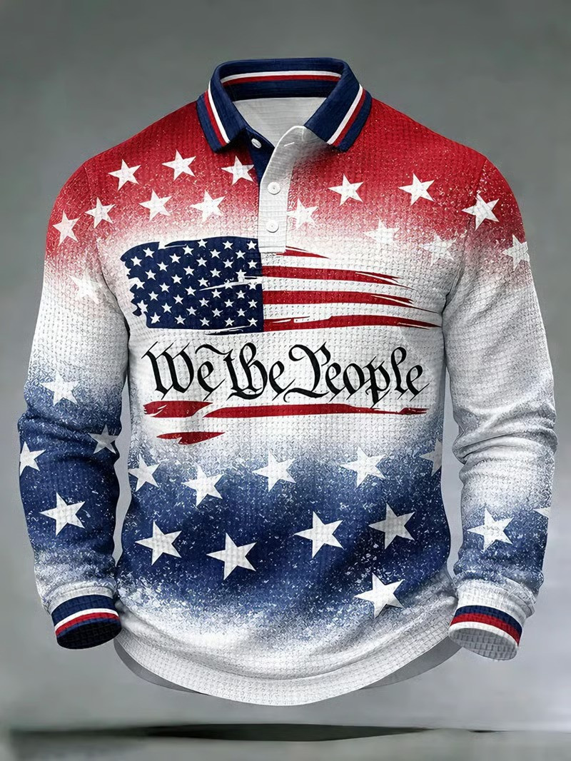 We The People Polo Long Sleeve Shirt American Flag Star Clothing Gift For Him