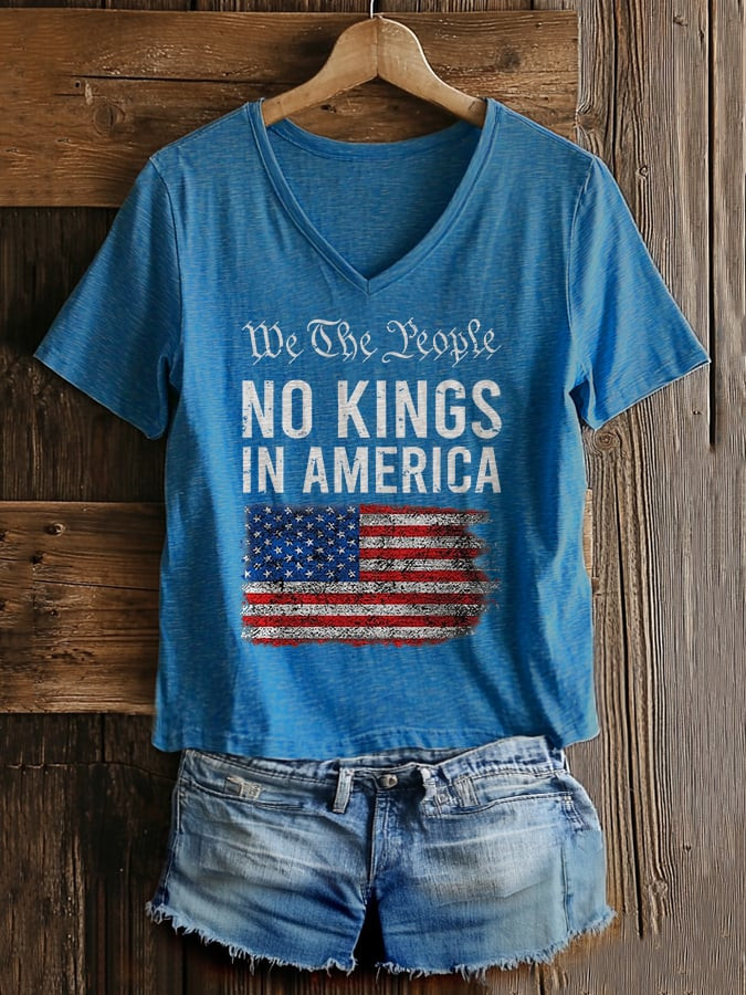 We The People Serve No Kings Print V-neck T-Shirt Anti Trump Cap Gifts For Wife
