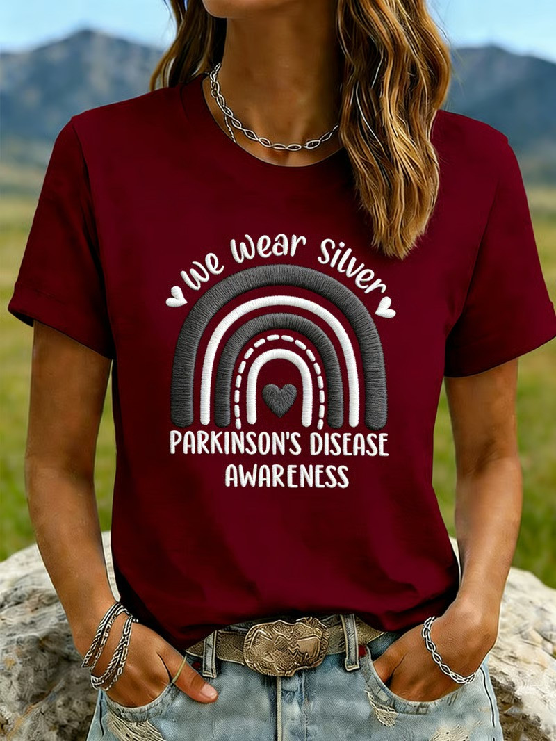 We Wear Silver Parkinson Disease Awareness T-Shirt Rainbow Heart Ribbon Clothing Gift For Family